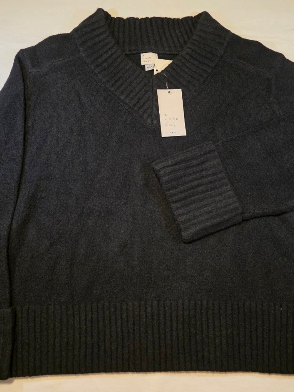 Women's Long Sleeve V-Neck Cozy Knit Boxy Pullover Sweater - a New Day™ Black L - Picture 3 of 5
